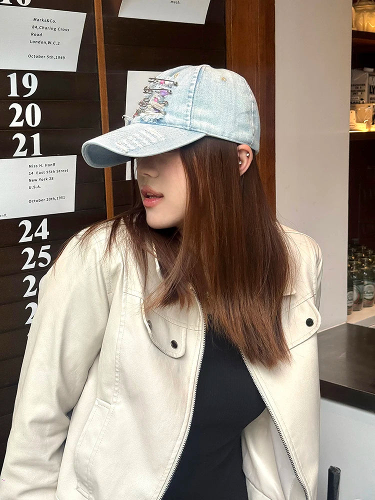 Women's Y2K Distressed Denim Baseball Cap, Bead Embellished Washed Jean Dad Hat, Adjustable Streetwear Sun Hat
