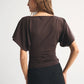 Women's Boat Neck Flutter Sleeve Ruched Side Cropped T-Shirt Solid Color Slim Fit Casual Short Sleeve Top for Summer