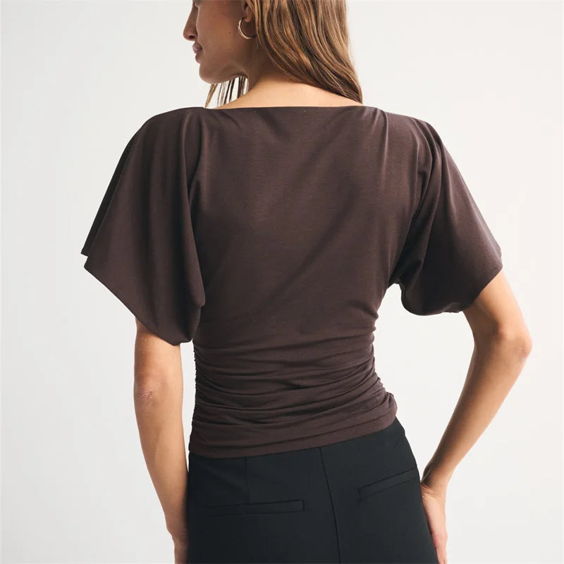 Women's Boat Neck Flutter Sleeve Ruched Side Cropped T-Shirt Solid Color Slim Fit Casual Short Sleeve Top for Summer