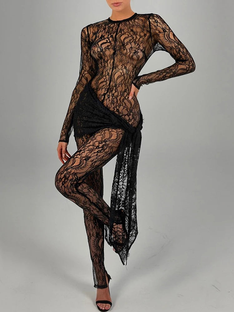 Lace See Through Long Sleeve Sexy Jumpsuit Women Fashion Transparent Irregular Elegant Club Party Jumpsuits Beachwear