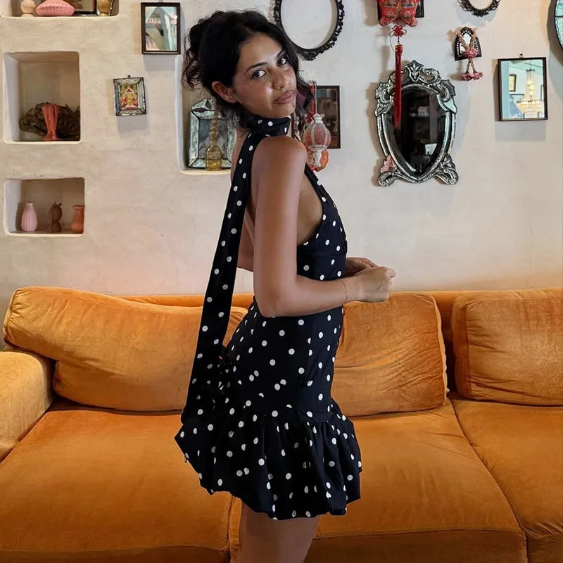 Women Y2K Polka Dot One Shoulder Mini Dress Halter Neck with Neck Scarf Ruffle Hem Bodycon Party Dress for Club Night