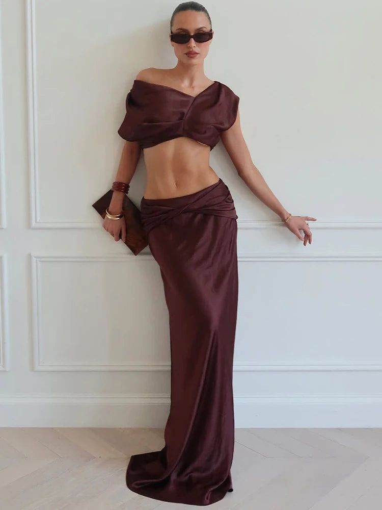 Women's Sexy Club Party Two-Piece Set Elegant Sleeveless Crop Top Maxi Skirt Matching Sets Female Ruched Two Piece Set