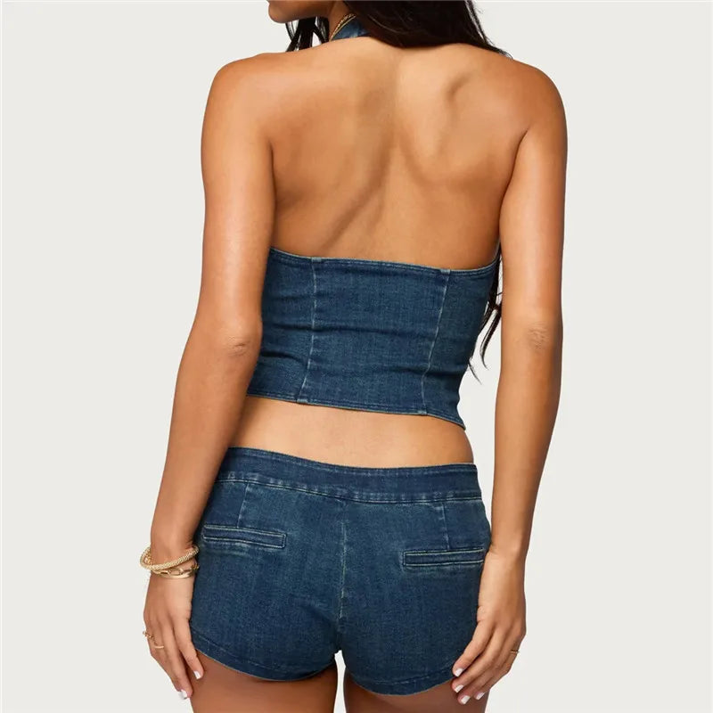 Women Y2K Retro Denim 2 Piece Outfit Halter Neck Crop Top + Low Waist Shorts Set Casual Summer Streetwear Matching Set
