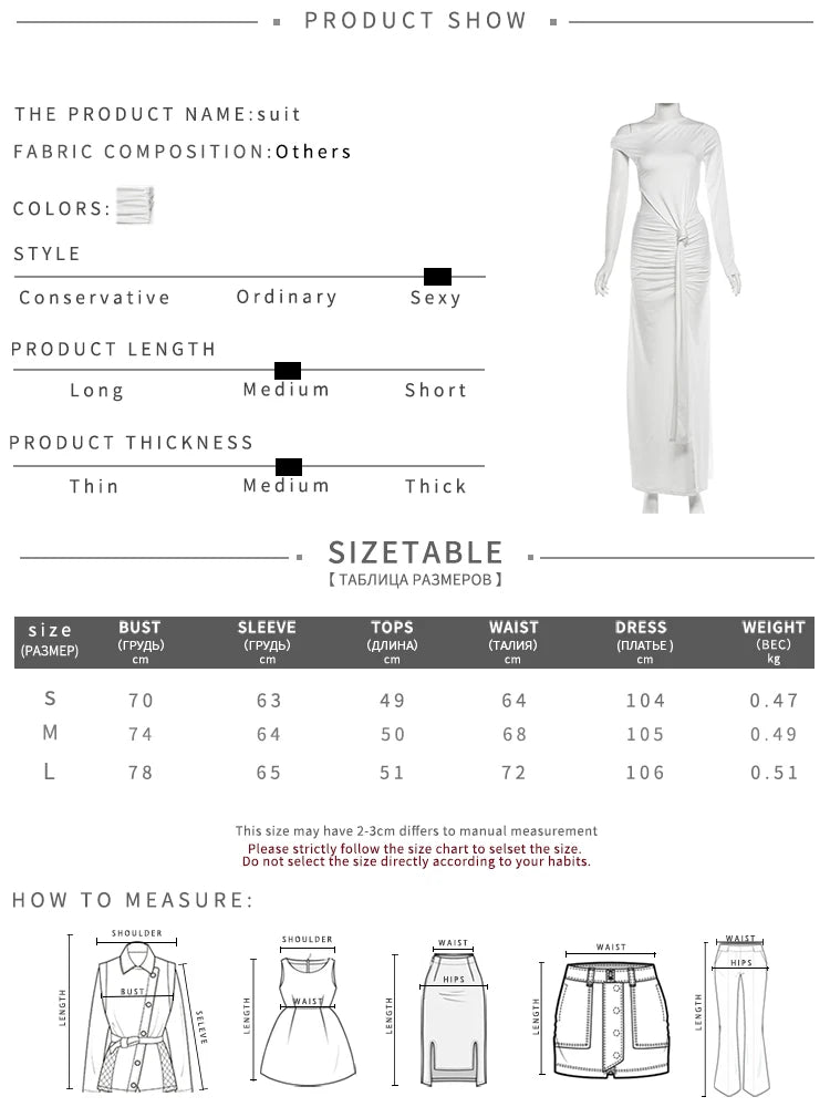 Elegant 2-Piece Set Women One-Sided Sleeve Skew Collar Irregular Folds t-Shirt+High Slit Long Skirt Autumn Suits