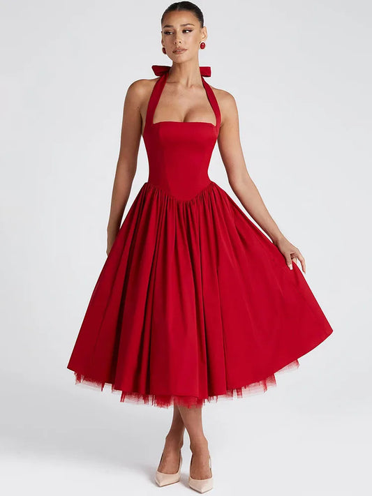 Halter Backless A-line Club Midi Dress Women Fashion Elegant Square Collar Sleeveless High Waist Party Pleated Dress