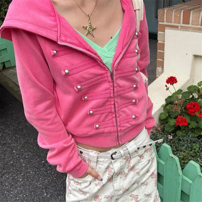 Womens Trendy Cropped Zip Hoodie Military Double Metal Buttons Design Hooded Long Sleeve Slim Short Jacket Street Top