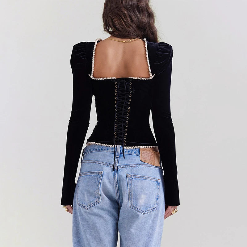 Square Neck Bandage Corset Top Elegant Vintage Black Velvet Shirts & Blouses Low Cut Long Sleeve Crop Tops