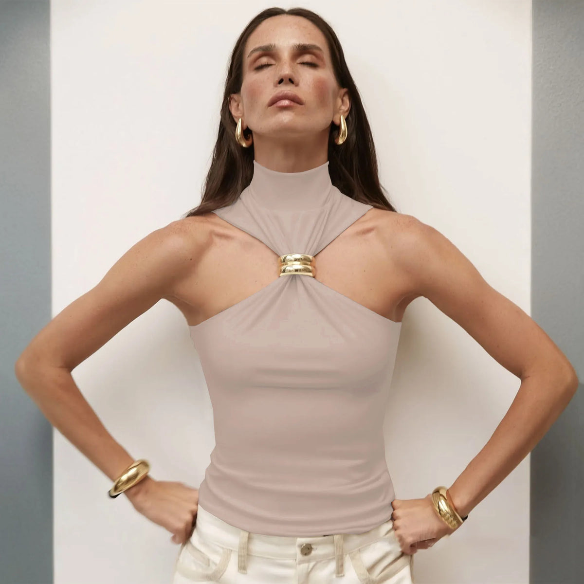 Turtleneck Basic Knit Tank Tops Women Vest Pullovers Metal Ring Camisole Sleeveless Skinny Knitted Tops Y2K Cropped Top