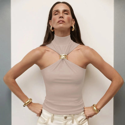Turtleneck Basic Knit Tank Tops Women Vest Pullovers Metal Ring Camisole Sleeveless Skinny Knitted Tops Y2K Cropped Top