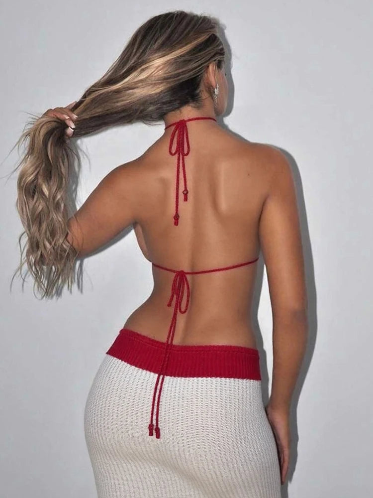 Crochet 2 Piece Set Women Beach Vacation Flower Bra Tops+Patchwork Long Skirts Matching Vacation Midnight Clubwear