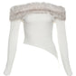 Detachable Fur Collar Crop Tops Women Slash Neck Full Sleeve Skinny Simple Street Autumn Trend Streetwear T-Shirts