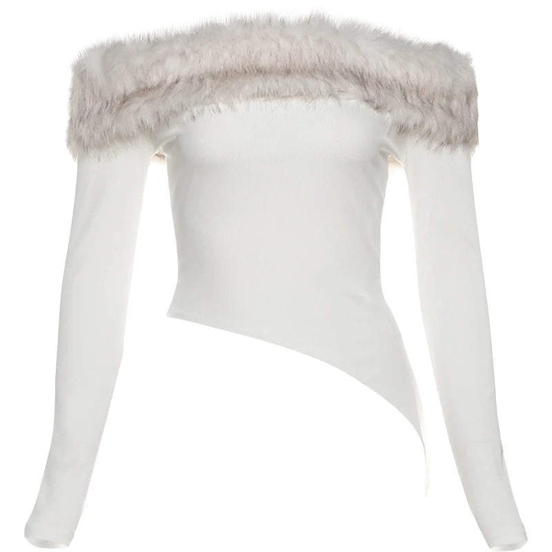 Detachable Fur Collar Crop Tops Women Slash Neck Full Sleeve Skinny Simple Street Autumn Trend Streetwear T-Shirts