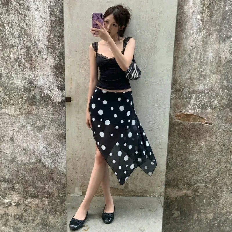 Polka Dot Print Mesh Sheer Brown Black Skirts for Woman Low Rise Asymmetrical Midi Skirt Y2k Clothes