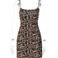 Women Spaghetti Strap Square Neck Sexy Mini Dress Leopard Print Ruched Waist A‑Line Short Dress Club Party Dresses