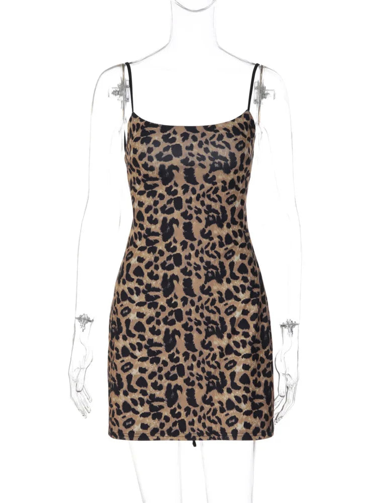 Women Spaghetti Strap Square Neck Sexy Mini Dress Leopard Print Ruched Waist A‑Line Short Dress Club Party Dresses