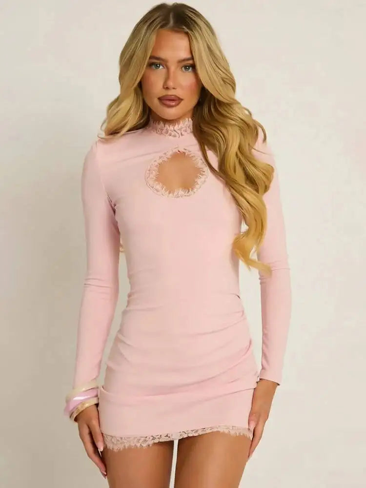 Women Polka Dot Sexy Mini Dress Lace Trim High Neck Cutout Long Sleeve Bodycon Short Dress Club Party Night Out Dresses