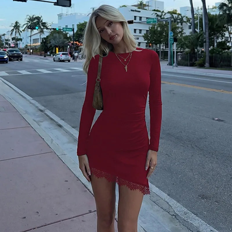 Long Sleeve Mini Dress with Asymmetric Lace Hem Fall 2026 Fashion Black Dresses Woman Elegant