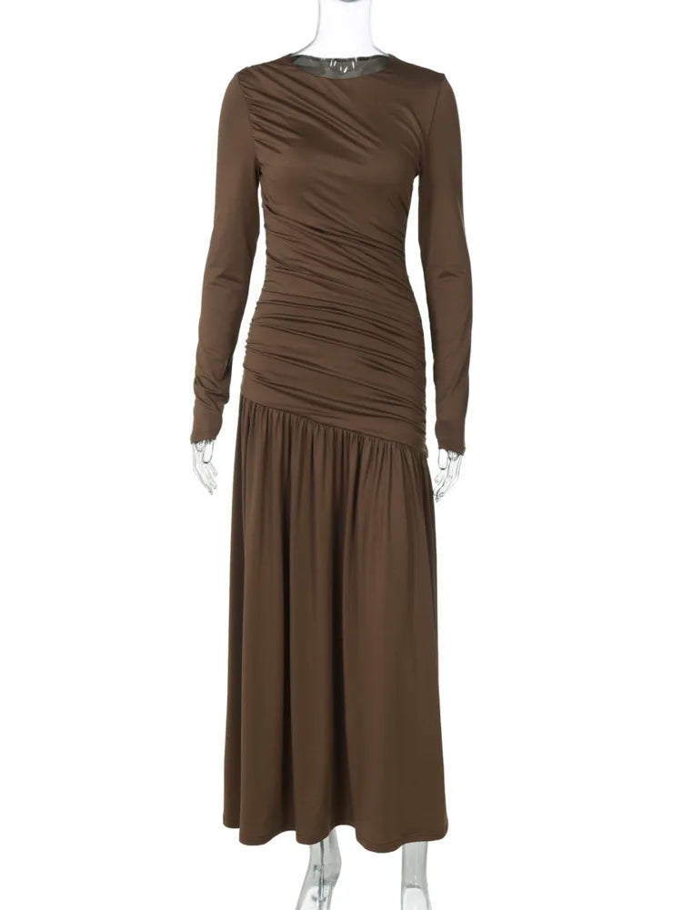 Autumn Long Sleeve Ruched Sexy Maxi Dress For Women Fashion Elegant Solid Bodycon Club Party Long Dresses Female 2025