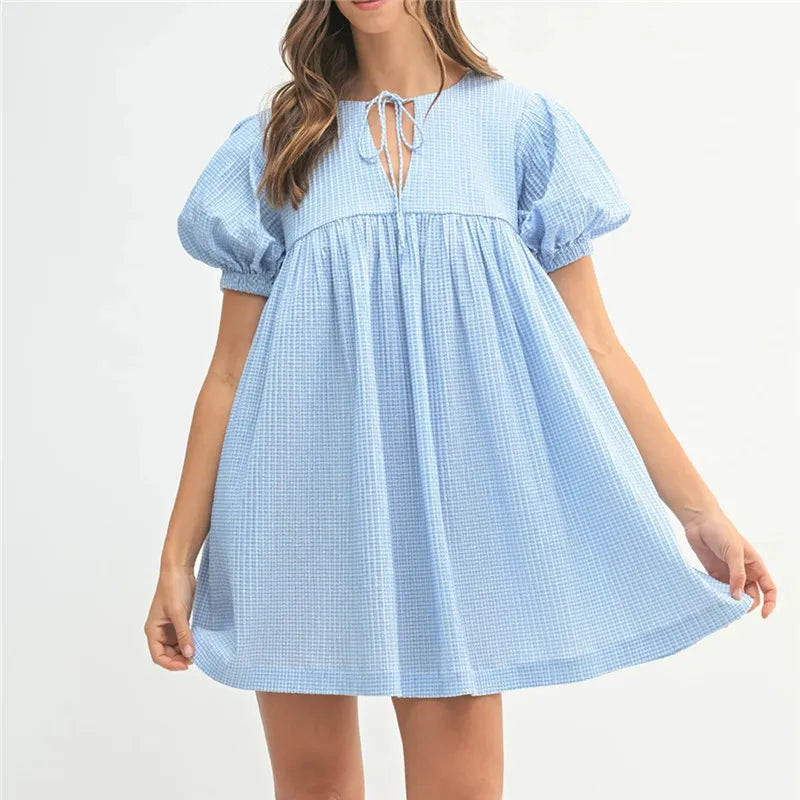 Summer Cute Gingham Babydoll Dress Ladies Round Neck Front Drawstring Bubble Sleeve Loose Flowy Short Dress Vacation