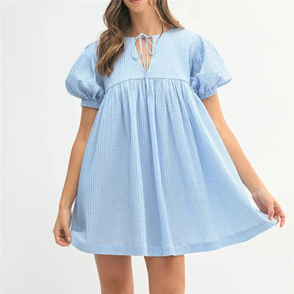 Summer Cute Gingham Babydoll Dress Ladies Round Neck Front Drawstring Bubble Sleeve Loose Flowy Short Dress Vacation