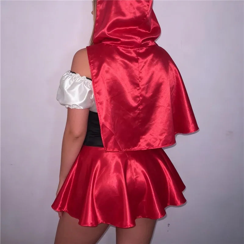 Women Off Shoulder Short Sleeve Tie Front Mini Dress With Hooded Cape Fairy Tale Cosplay Party Costume Outfit