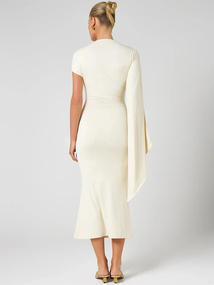 Women One Shoulder Cape Sleeve Sexy Midi Dress Metal Buckle Twisted Bodycon Mermaid Mid‑Calf Evening Party Dresses