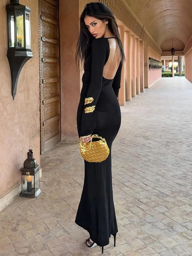 Sexy Long Sleeve Open Back Maxi Dress Elegant Black Party Dresses Autumn 2025 Woman Clothing