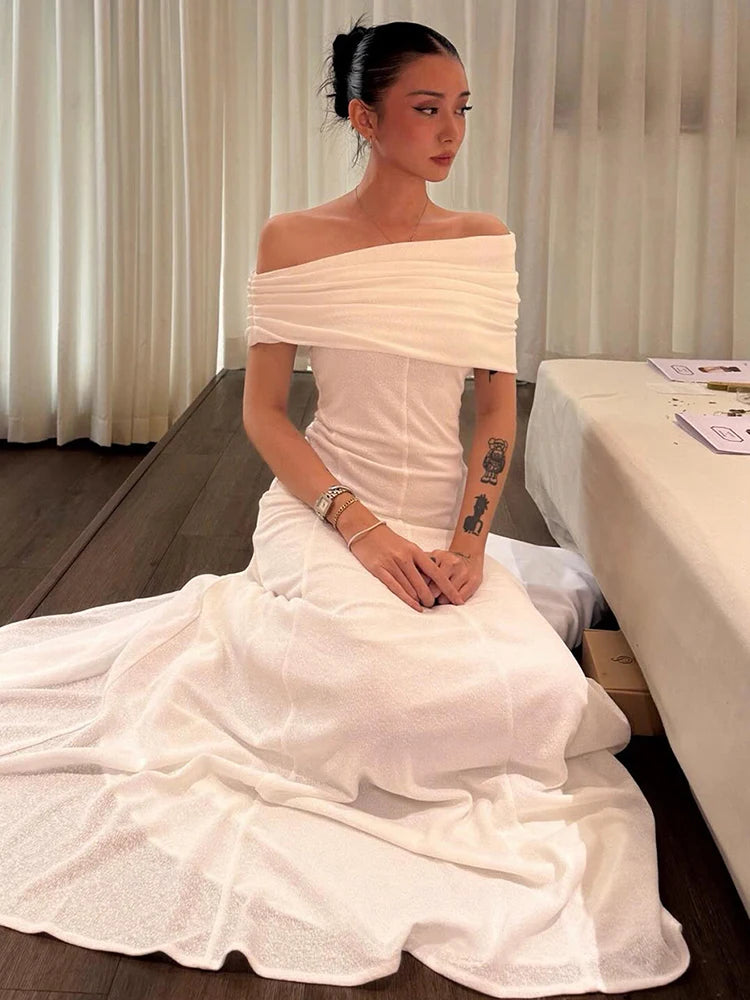 Slanted Collar Dress Women Classic Patchwork Elegant Ruched Skinny Chic Summer Birthday Party Banquet Simple Vestidos