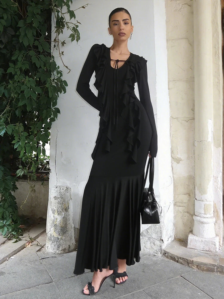 Sexy Ruffled Fringe Dress Women Lace-Up Ruched Patchwork U-Neck Full Sleeve Elegant Stretch Skinny Evening Bodycon