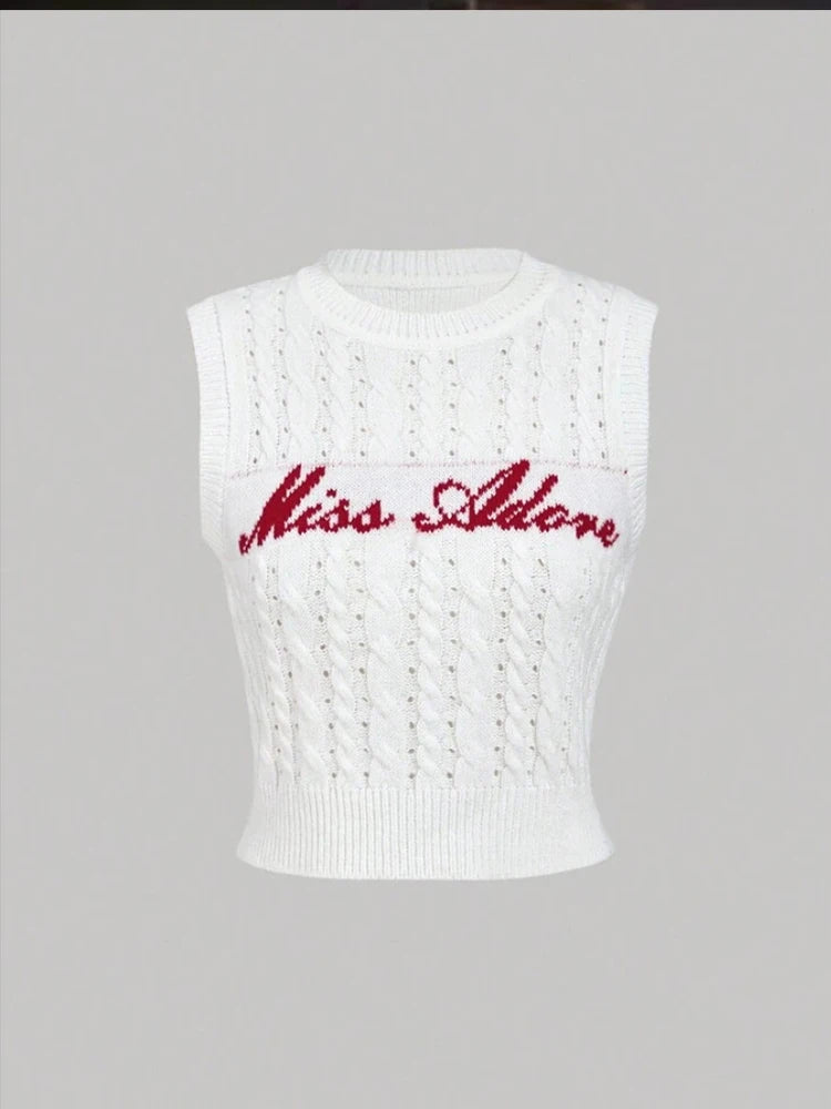 Knit Women Tank Tops Sweater Y2K Letter Print o-Neck Skinny Summer Trend Stretch Wild Basic Streetwear Simple Vest