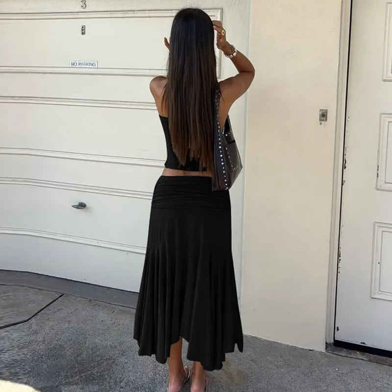 One Shoulder Crop Top and Pleated Skirt 2 Piece Set Summer Outfit Woman 2025 Elegant Long Dresses