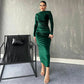 Elegant Long Party Dresses for Women Winter Fashion Clothes Velvet Full Sleeve Bodycon Dress Green Black