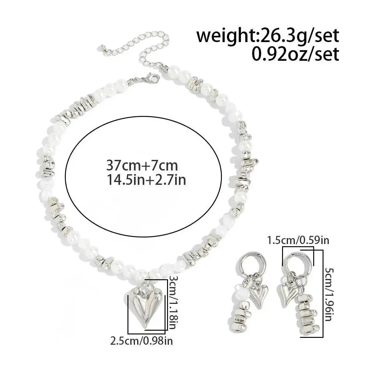 Vintage Imitation Pearl Choker Necklace Drop Earrings for Women Wedding Bridal Beads Chain Love Heart Jewelry Set New
