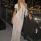 Bead Single-Breasted Dress Women Elegant Turtleneck Short Sleeve See Through Hem Basic Fashion Evening Party Vestidos