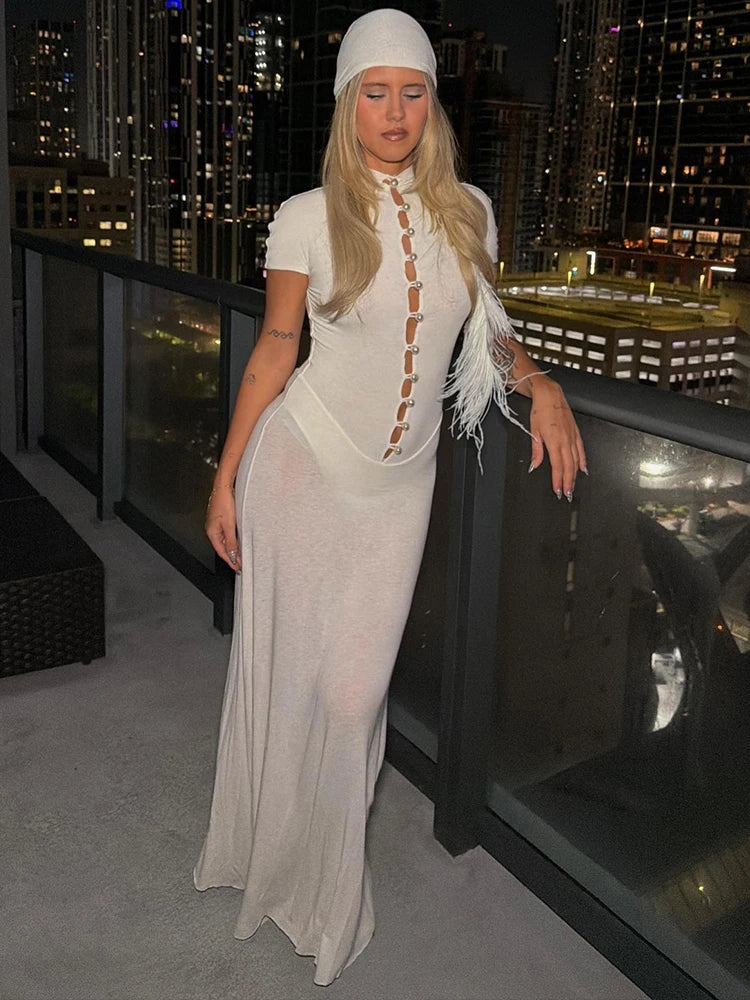 Bead Single-Breasted Dress Women Elegant Turtleneck Short Sleeve See Through Hem Basic Fashion Evening Party Vestidos