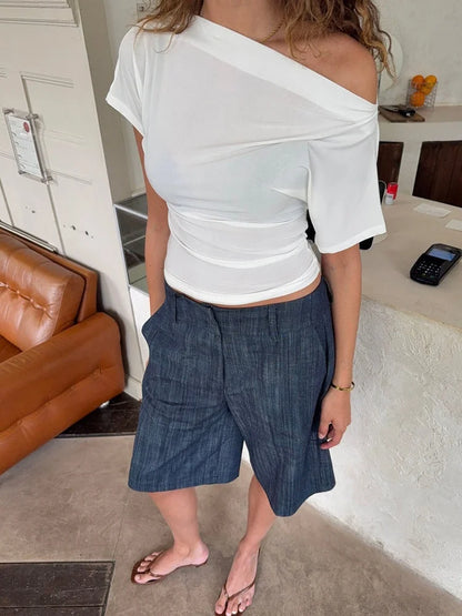Off The Shoulder Short Sleeve Tops Casual Clothes for Woman Summer Solid Color T Shirts