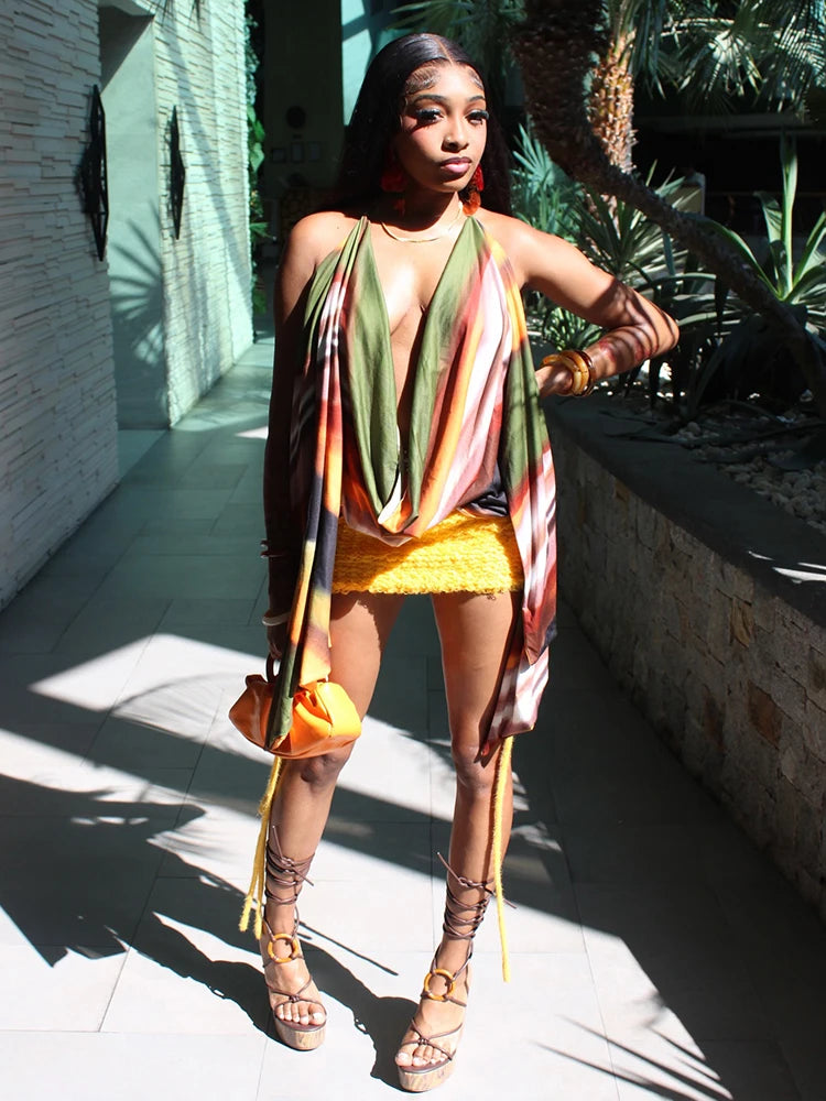 Colorful Print Tank Top Women Sexy Swing Collar Backless Halter Irregular Ribbon Patchwork Trend Street Club Vest