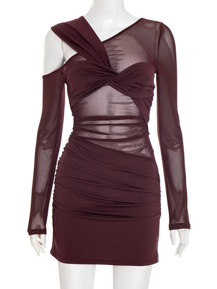 Inclined Shoulder Long Sleeve Sexy Mini Dress Women Fashion Mesh See Through Backless Ruched Club Party Dresses Female