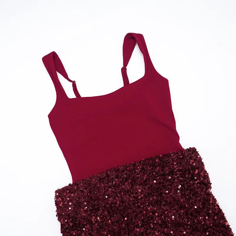 Sleeveless Sequined Mini Dresses Burgundy Black Birthday Dress Luxury Sexy Outfits Woman Club Wear