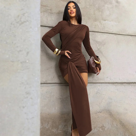 Long Sleeve Draped Short Dresses Fall Woman Clothes Fashion Sexy Brown Birthday Dress