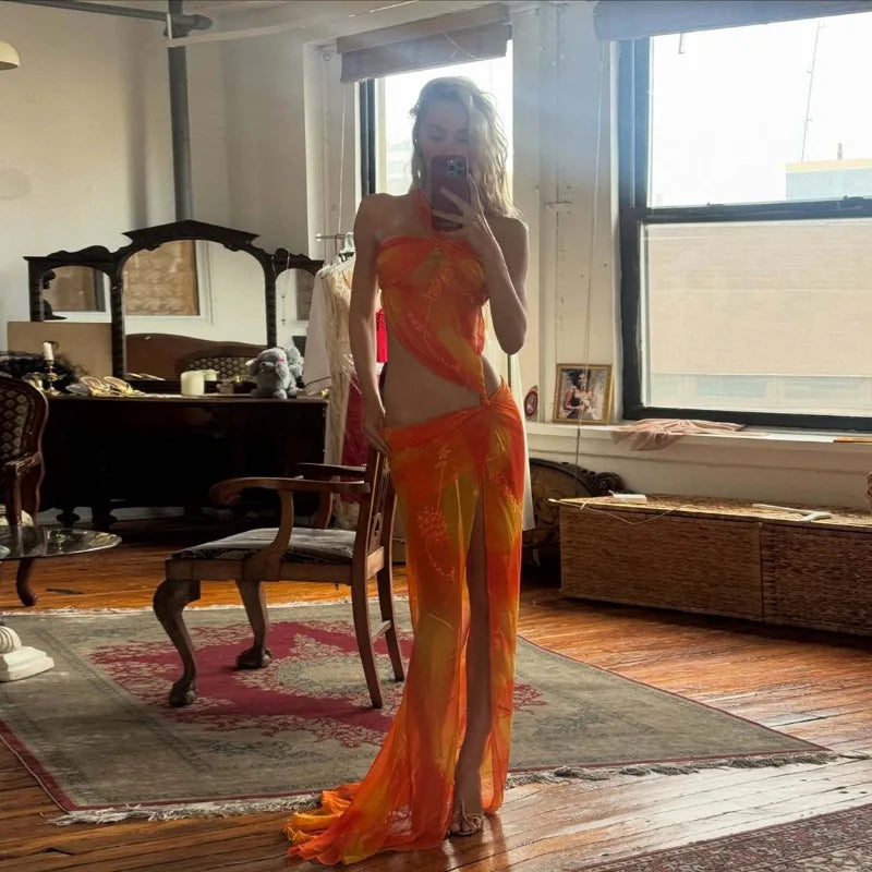 Orange Printed Mesh Split Dress Asymmetrical Halter Backless Maxi Dresses Summer Vacation Beach Outfits Women