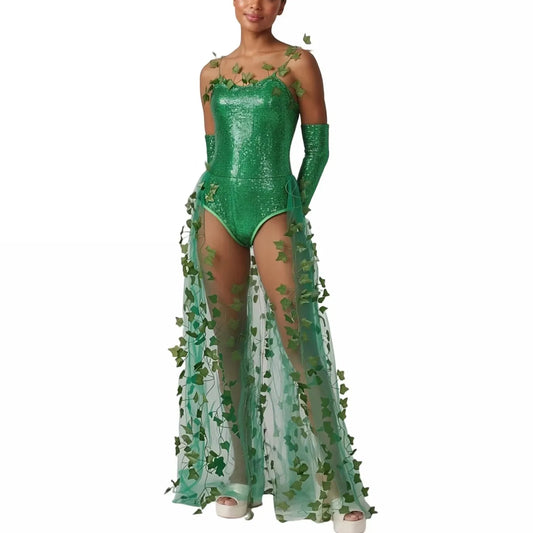 Women Green Leaf Sequin Bodysuit Costume with Tulle Train and Long Gloves Party Carnival Fancy Dress