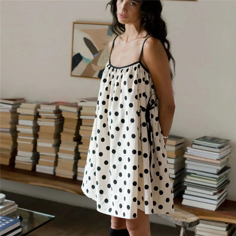 Women's Mini Cami Dress Stylish Sleeveless Spaghetti Strap Dress White with Black Circles Print Summer Beach Sun Dress