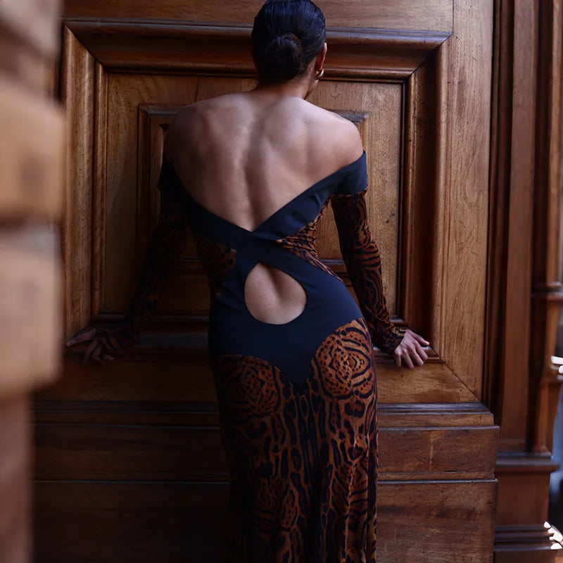 Leopard Print Long Sleeve Gown Off Shoulder Backless Maxi Dresses for Woman Elegant Sexy Party Dress Fall 2026