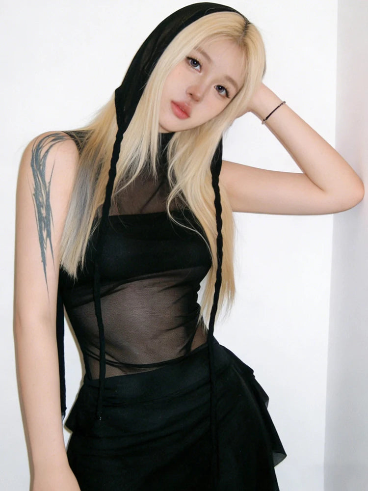 Mesh Sexy Tassel Hat+Vest Half Turtleneck Patchwork Irregular Hem Hip-Hop Style Music Festival Midnight Streetwear