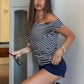 Asymmetrical One Shoulder Ruched Casual Draped Top Women Y2K Striped Off Shoulder T-Shirt Short Sleeve Cinched Waist Top