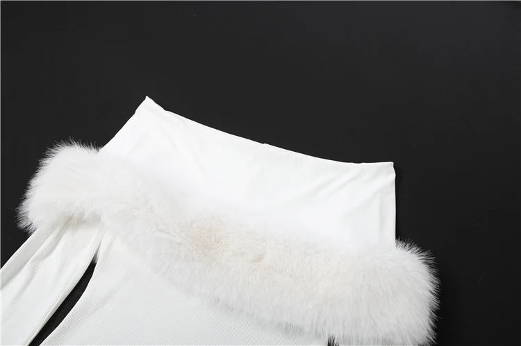 Plush Patchwork 2-Piece Set Women Slash Neck Long Sleeve t-Shirts+Elastic Waist Skirts Winter Trend Fashion Elegant Suits