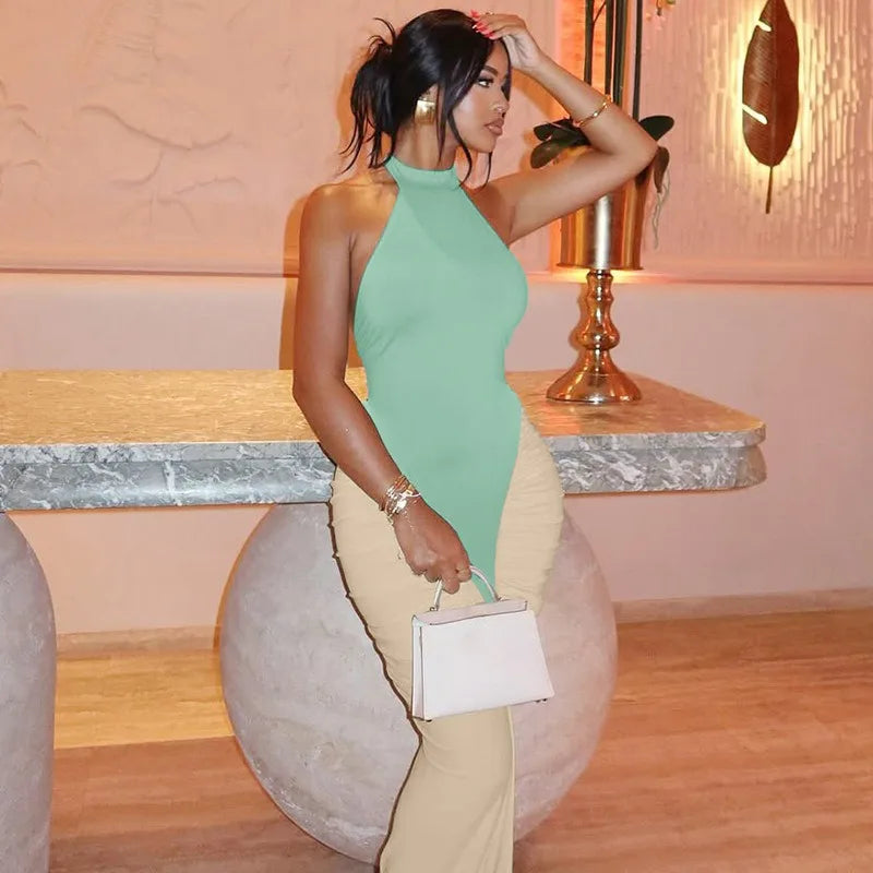 Patchwork Halter Backless Maxi Dress for Dinner Evening Gown Sexy Elegant Party Dresses for Woman Fall 2025