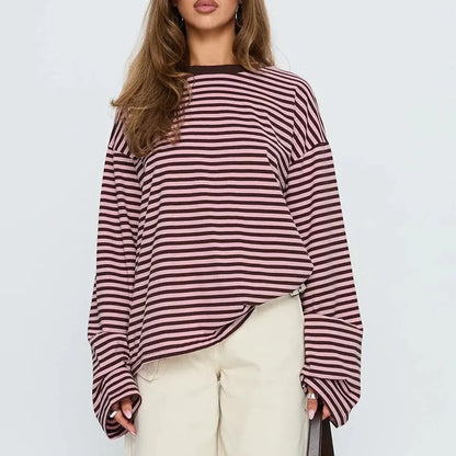 Striped Long Sleeve Shirt Women Y2k Oversized Crewneck Vintage Tops Fall Winter Drop Shoulder Cute Preppy Pullover