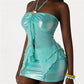 Women Turquoise Holographic Halter 2 Piece Outfit Shell Top+Mini Skirt Set Ruffle Mesh Cutout Mermaid Y2K Rave Clubwear